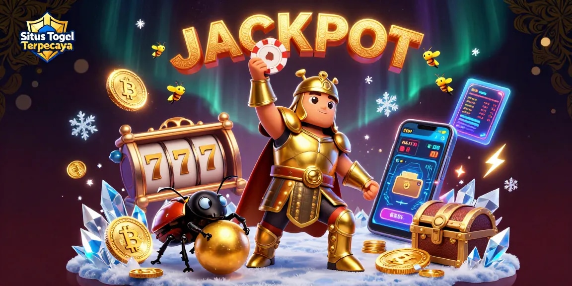 Experience the excitement of Situs Togel Terpercaya through a dynamic illustration with gambling characters, familiar symbols, and rich colors.