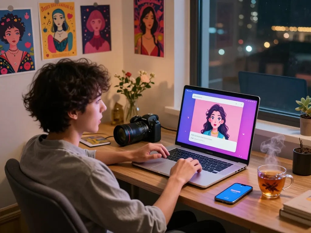 Engaging in AI porn chat with a lively AI character in a cozy workspace, capturing modern digital interactions.