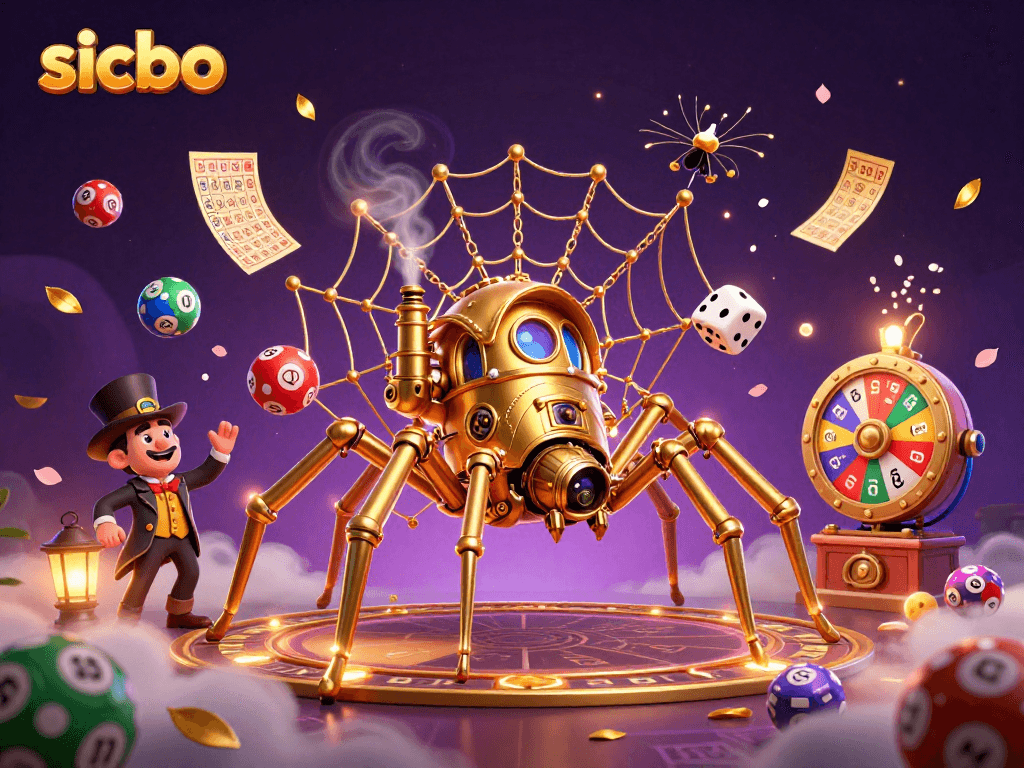 Engage in Sicbo action with a steampunk spider catching dice in a vibrant casino setting.