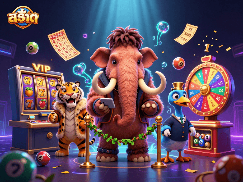 Experience thrilling สล็อต action at the casino with a colorful scene featuring a mammoth bouncer and VIPs.