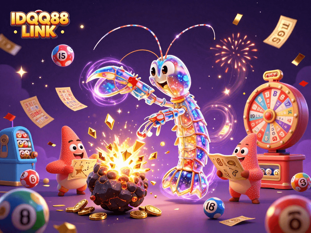 Delve into IDQQ88 LINK with a vibrant 3D cartoon scene of gambling excitement, featuring cosmic characters.