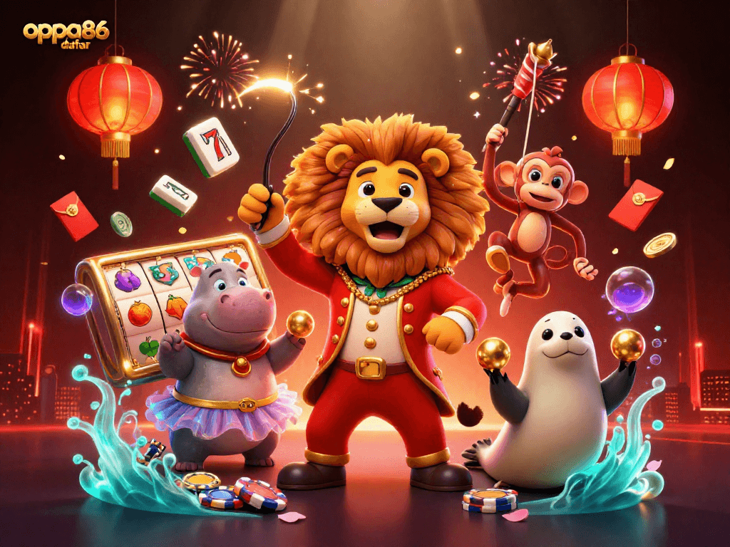Experience the excitement at oppa86 daftar with vibrant circus-themed characters and rich casino game elements.