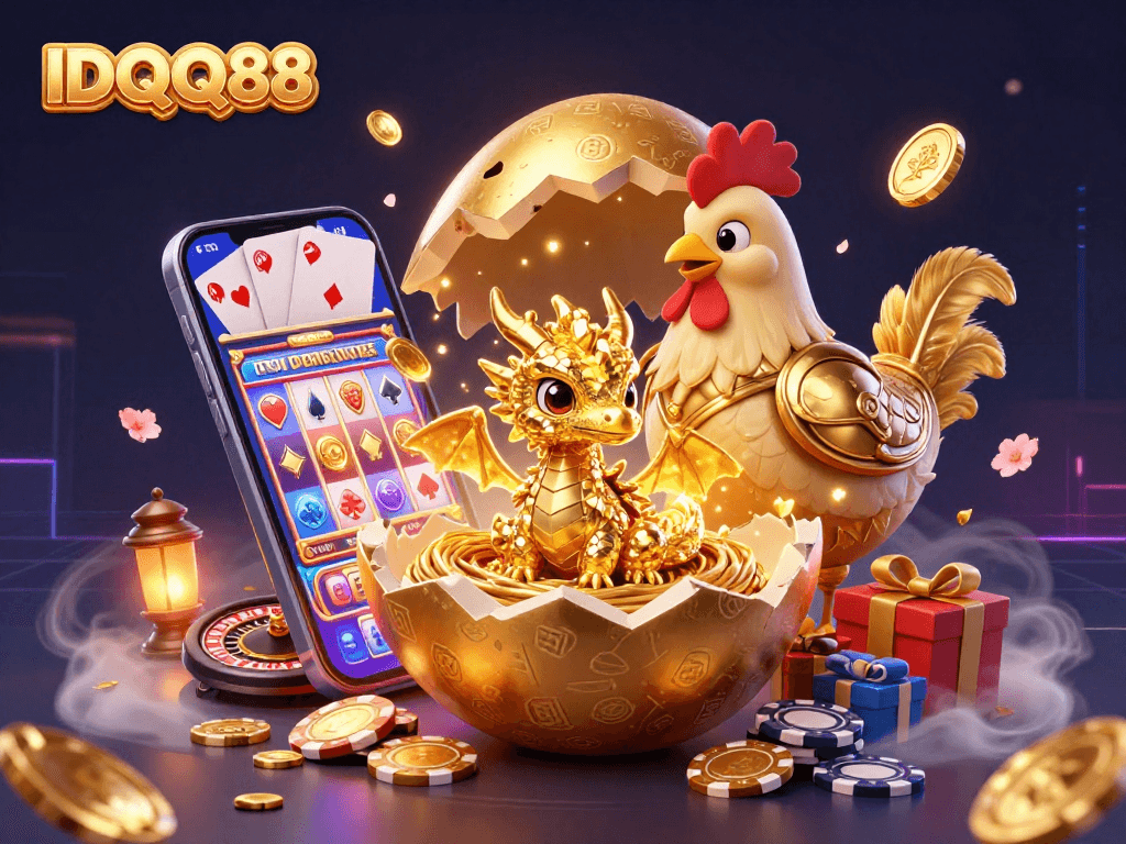 IDQQ88 showcases a captivating 3D cartoon illustration of vibrant casino elements integrated with a golden dragon theme.