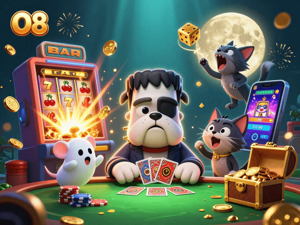 Watch the 3D scene of O8's vibrant casino atmosphere with Frankenstein bulldog and friends playing cards.