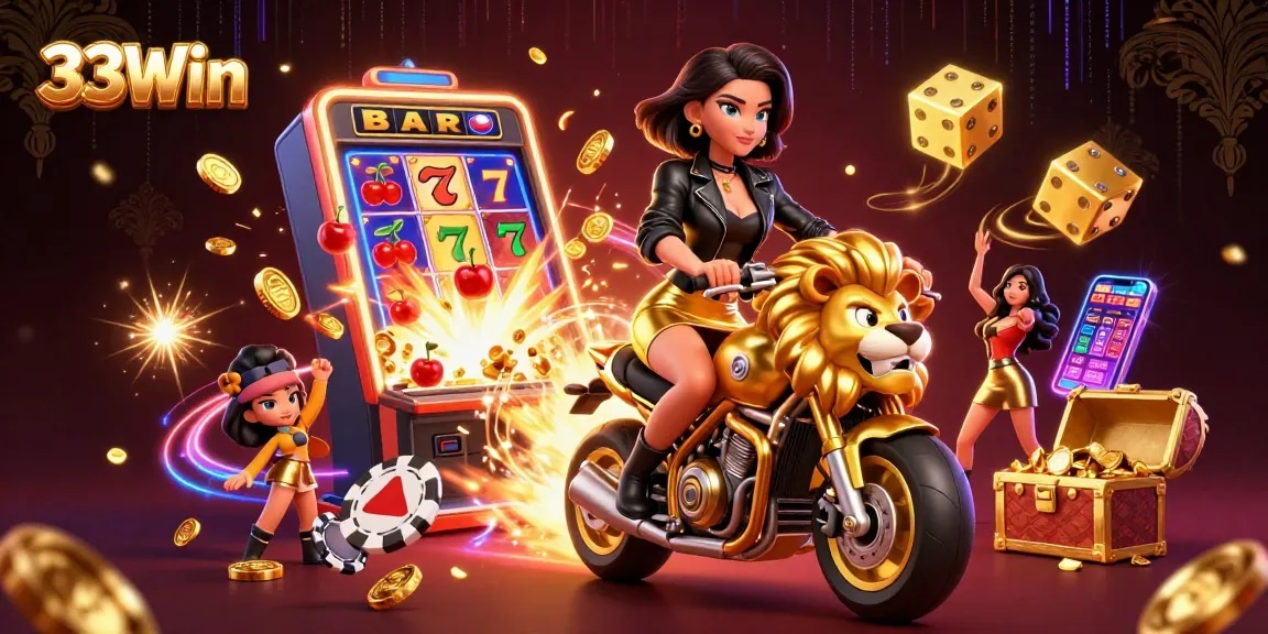 Experience the excitement of 33Win with a glamorous character riding a golden lion, surrounded by jackpot elements.