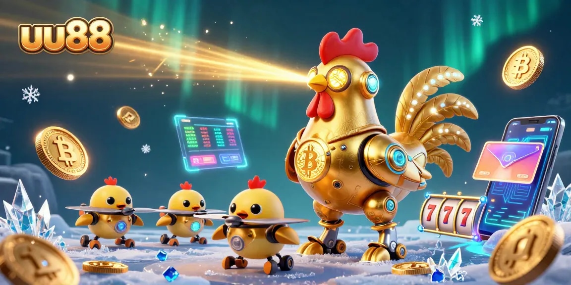 Experience thrilling gaming at uu88 with a vibrant 3D casino scene featuring golden rooster robots.