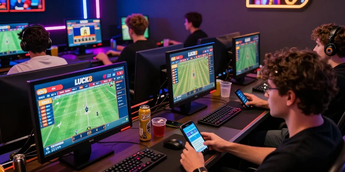LUCK8 online betting scene with players engaged in interactive gaming, showcasing high-stakes sports betting.