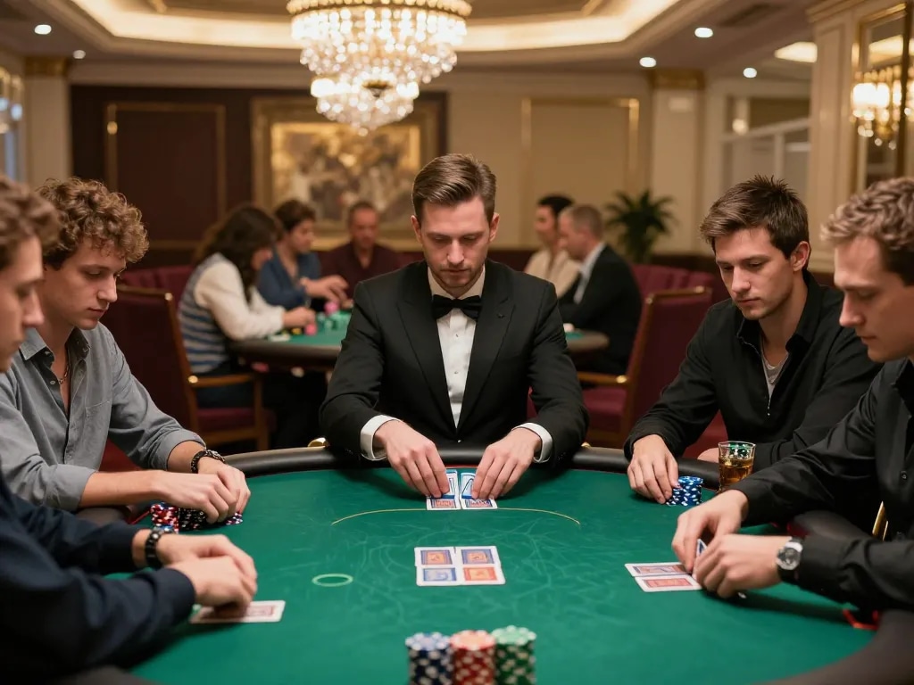 Maxpoker88 poker players strategizing at a luxurious casino table, intense focus evident.