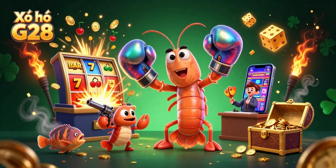 Xổ số G28 showcases a vibrant 3D scene with casino elements and animated underwater characters celebrating a jackpot.