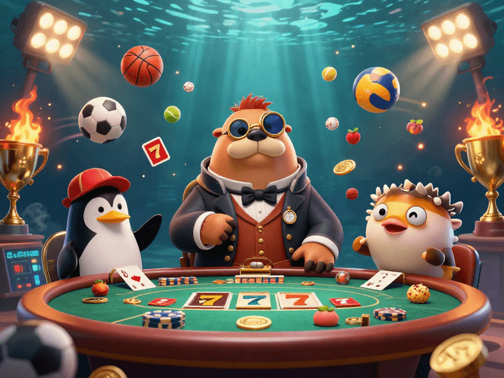 Experience the excitement of fly88 with a jolly walrus playing poker in this dynamic underwater casino illustration.