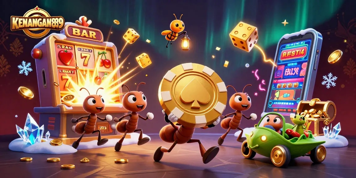 Join the adventure at KENANGAN889 while ants heist a giant poker chip amidst slot machine chaos!