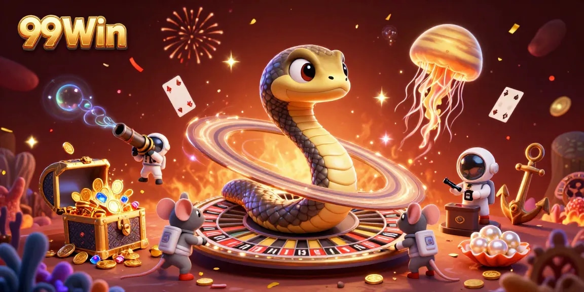 Experience thrilling bets with 99Win in this immersive casino-themed 3D illustration featuring vibrant characters and magical elements.