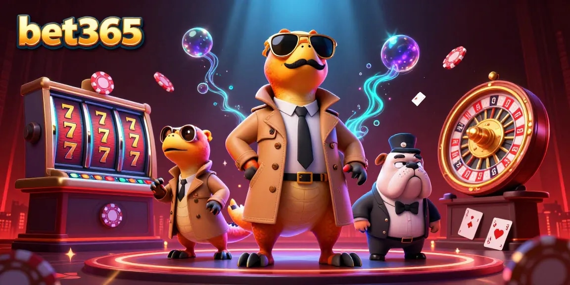 Experience bet365's exciting VIP casino atmosphere with playful raptors and vibrant gaming elements.
