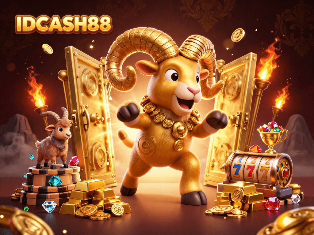 Experience thrilling gameplay with IDCASH88, featuring a golden ram charging through a treasure-filled scene.