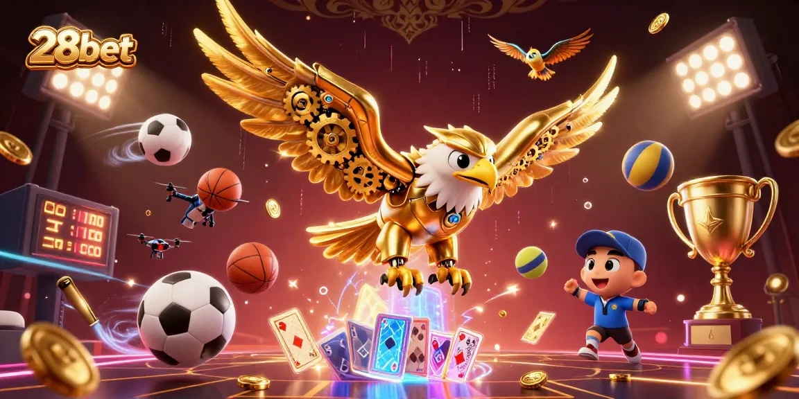 Engage with dynamic sports betting action at 28bet, featuring a vibrant scene of holographic playing cards and a golden eagle.