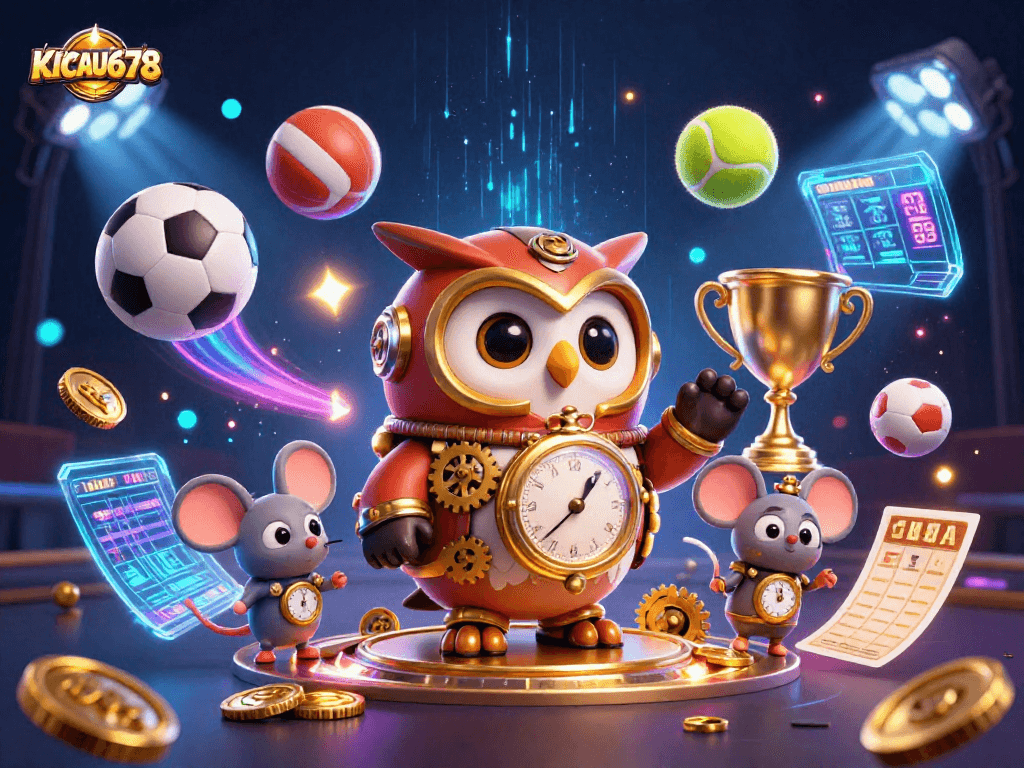 KICAU678 showcases a dynamic casino scene with a time-traveling owl and gaming excitement.