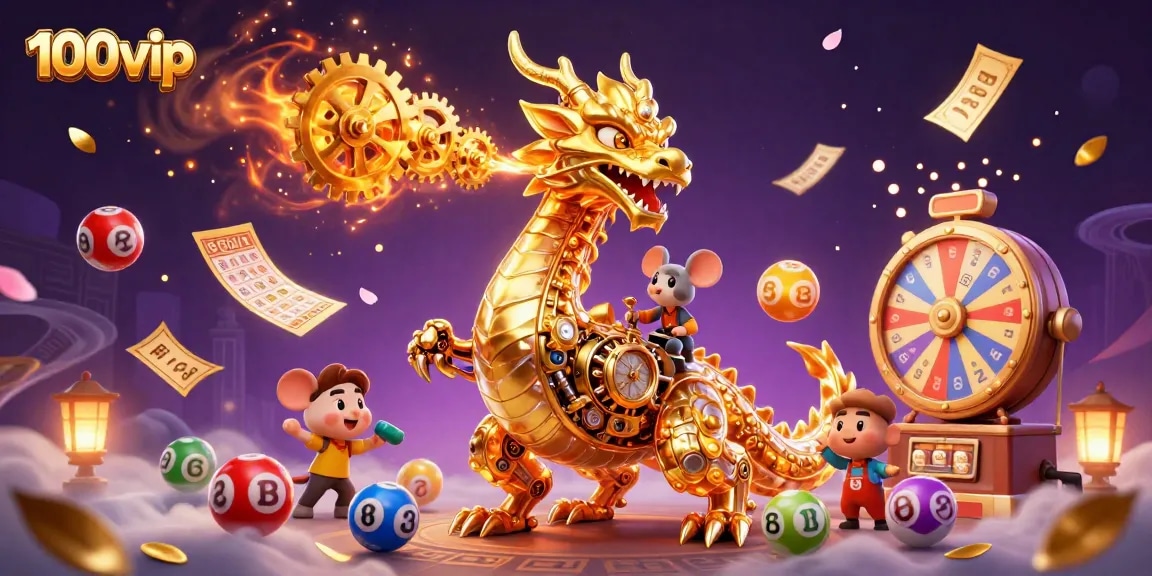 Engage in the thrilling world of 100vip with a golden dragon and lottery elements in a vibrant casino scene.