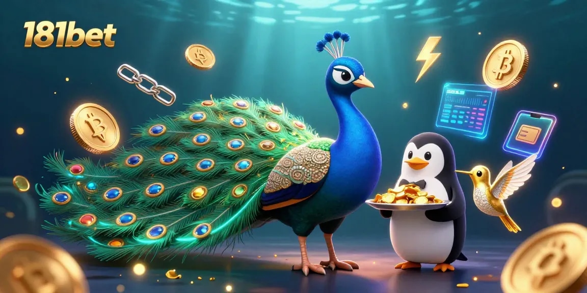 Engage with the vibrant gaming scene at 181bet featuring a peacock, a penguin butler, and a hummingbird surrounded by crypto elements.
