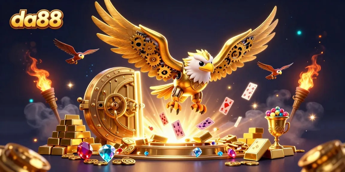Experience the thrill of da88 with a cybernetic eagle soaring through dazzling casino gems.