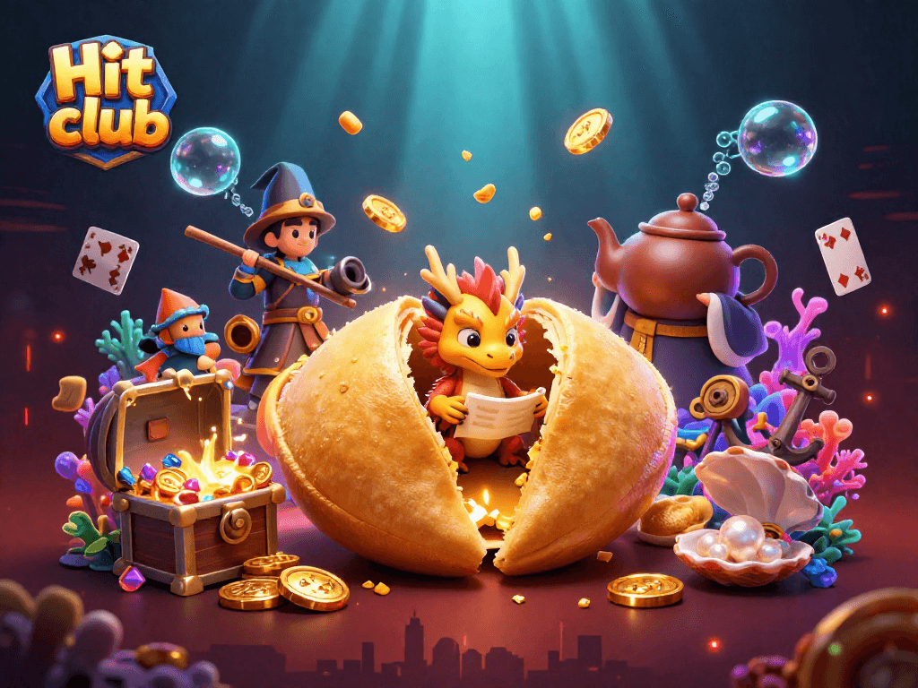 Hit club-themed illustration showcasing fortune characters and vibrant casino elements.