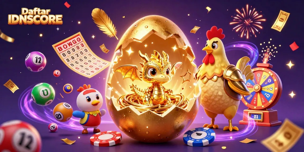 Play exciting games at Daftar IDNSCORE with a vibrant gold-themed casino illustration showcasing lottery elements.