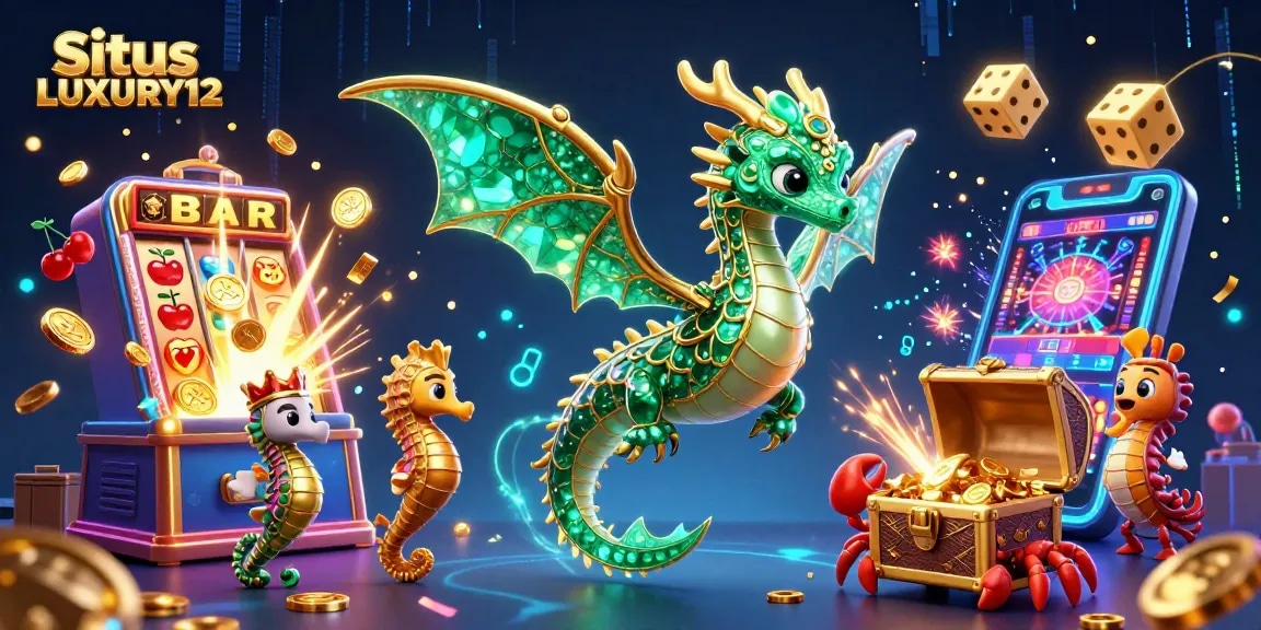 Situs LUXURY12 showcases an action-packed 3D illustration of a sea dragon and treasure, representing a thrilling casino experience.