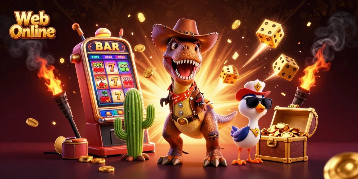 Spin the reels with Web Online's cartoon characters and a jackpot explosion showcasing exciting casino action.