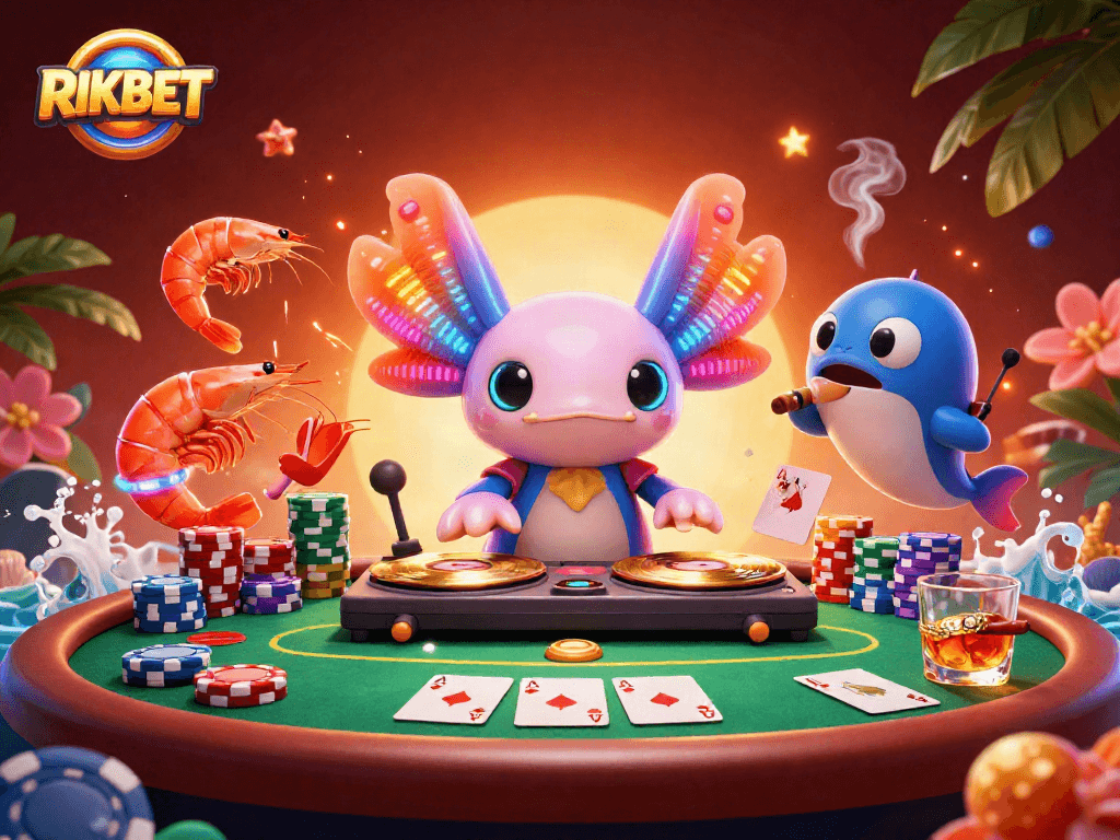 Engage with RIKBET's vibrant 3D casino scene featuring a neon axolotl DJ and lively poker action.