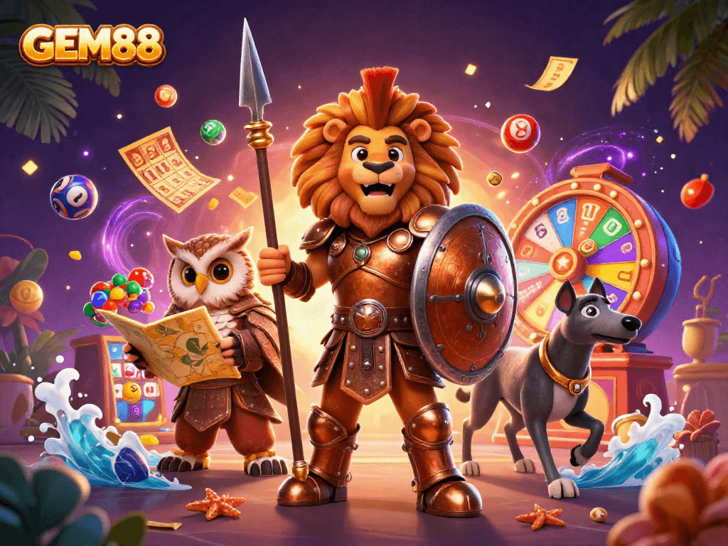 Engage with GEM88's vibrant lottery scene featuring rich 3D cartoon characters and dynamic game elements.