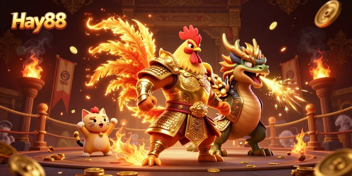 Experience thrilling matches at Hay88, featuring intense battles with a rooster warrior, dragon hatchling, and vibrant casino elements.