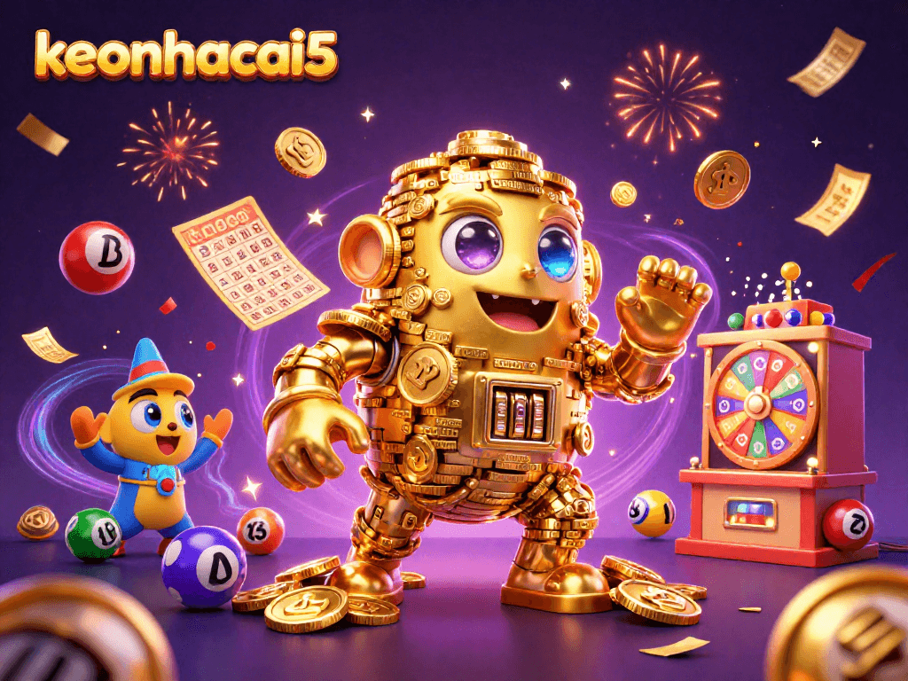 Join the excitement at keonhacai5 with a vibrant 3D casino scene bursting with lottery elements.