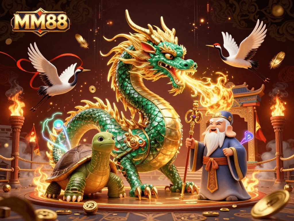 Experience thrilling gameplay at MM88 with a magical illustration of a dragon and wise turtle sage.