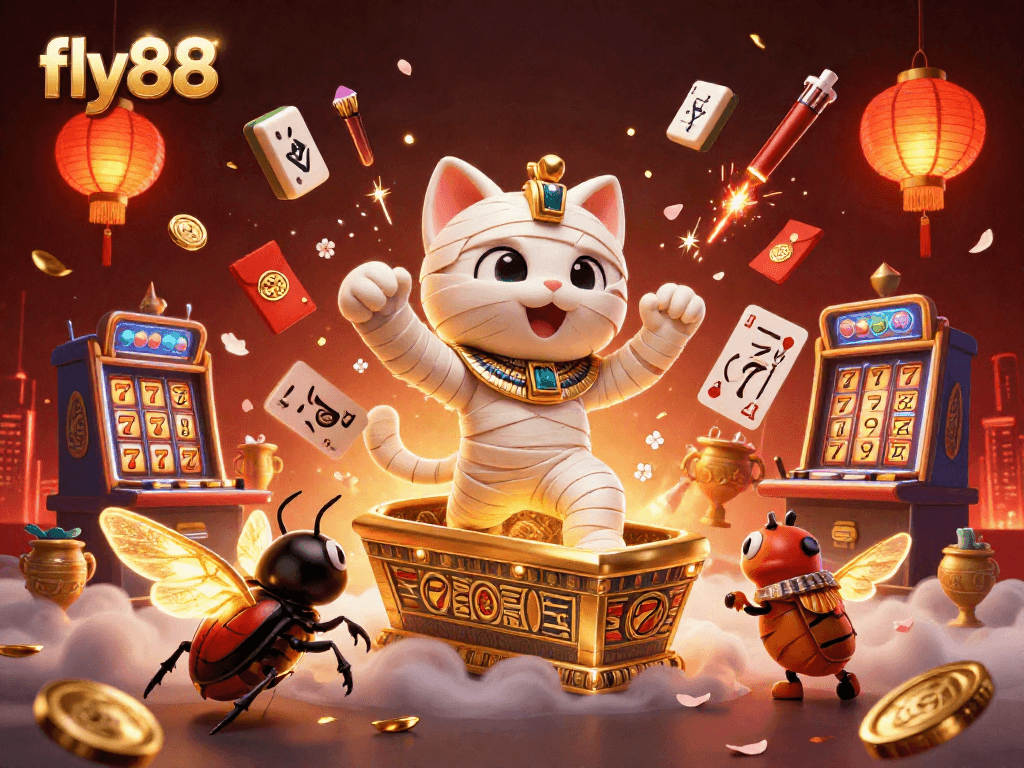 Play and win at fly88 with a vibrant scene featuring an Egyptian mummy cat among other casino symbols.