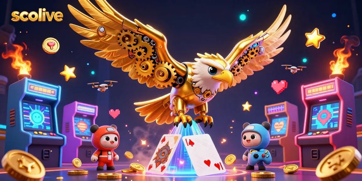 Experience Socolive with a dynamic 3D illustration of a cybernetic eagle soaring through holographic cards amidst casino elements.