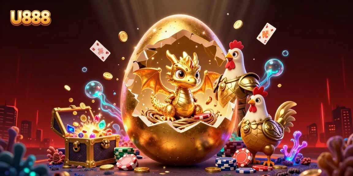 Experience U888's thrilling casino world with a golden dragon and poker chips in this vibrant 3D scene.