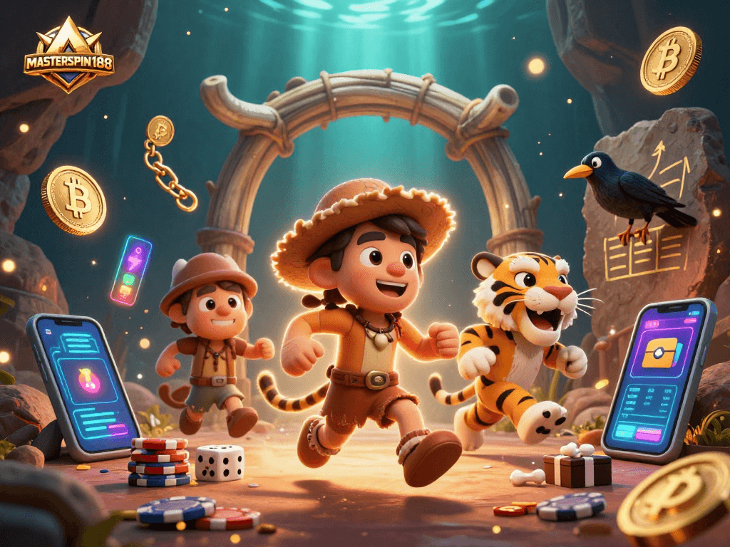 Join the fun at MASTERSPIN188 with a lively prehistoric casino and crypto gaming elements in a vibrant illustration.