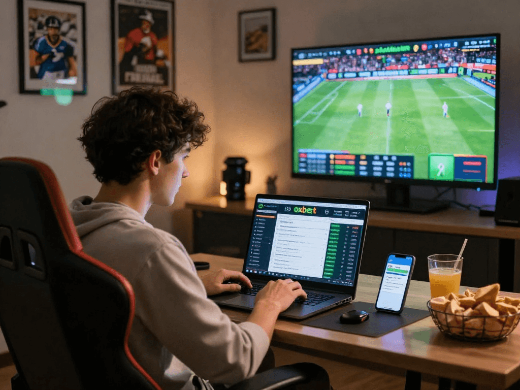 Engaged user navigating oxbet online betting platform in a cozy gaming space, showcasing excitement and live sports.