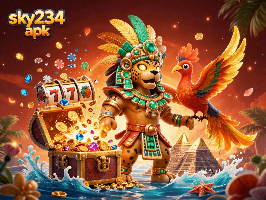 Experience winning with sky234 apk in this vibrant casino-themed 3D illustration.