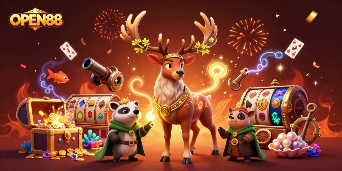 Join the adventure at OPEN88, featuring a stunning casino scene with vibrant characters and magical elements.