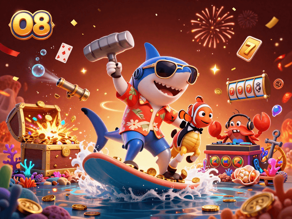 Experience thrilling winnings with O8's animated underwater casino adventure featuring colorful characters and slot elements.