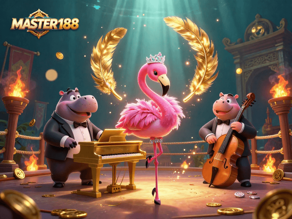 Engage in thrilling gameplay with MASTER188 featuring a vibrant casino scene filled with musical characters and gold.