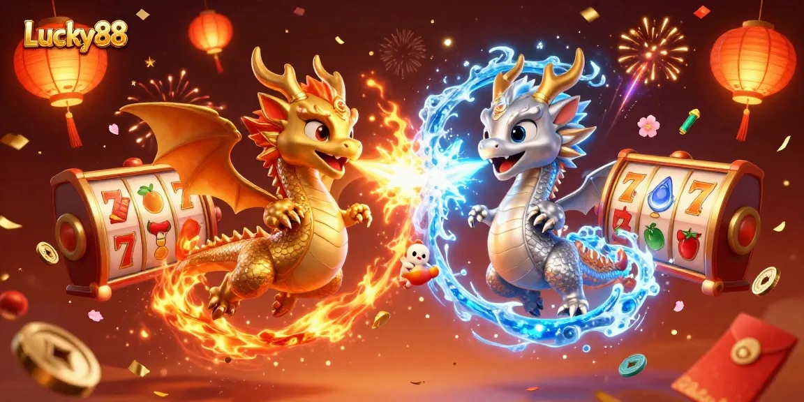 Experience the thrilling world of Lucky88 with dynamic slot reels and swirling dragon magic.
