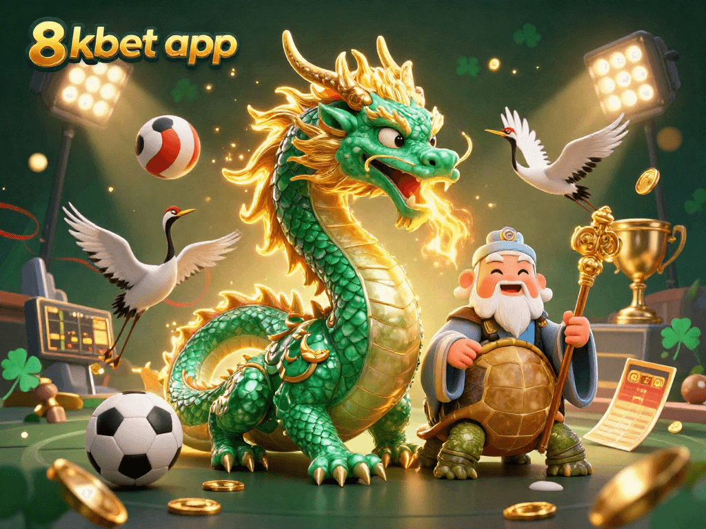 Experience the thrilling 8xbet app with engaging visuals of a dragon, sage, and lucky cranes amidst sports elements.