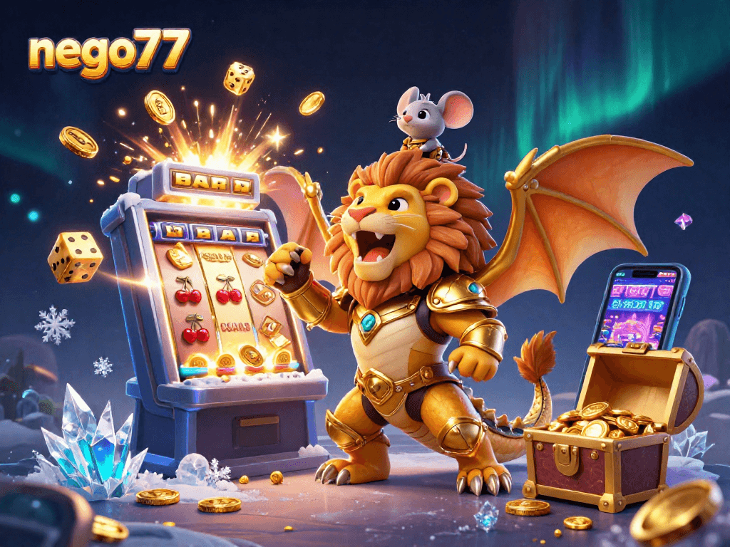 Experience the thrill of casino gaming with nego77, featuring a majestic chimera and exhilarating slot action.