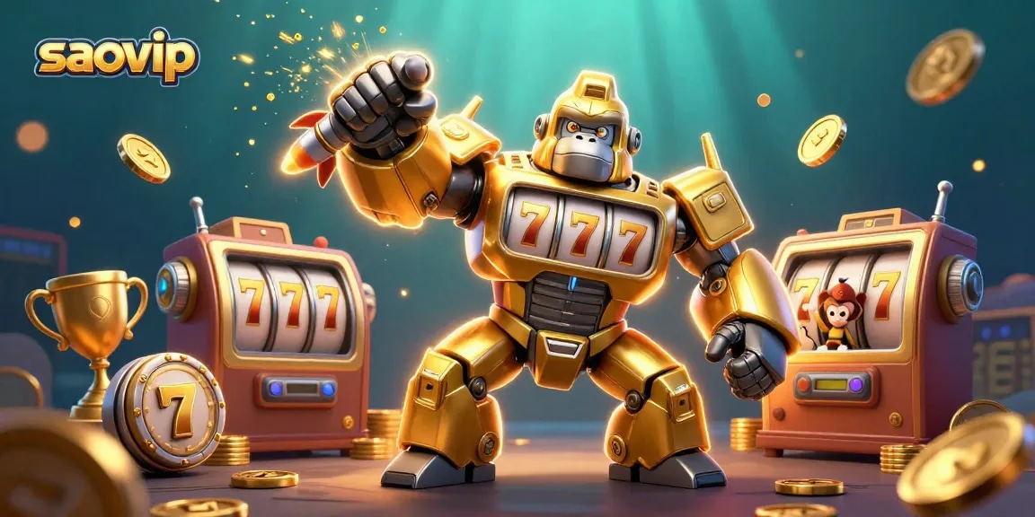 Play thrilling slots with saovip featuring an impressive golden gorilla mech amidst shimmering gold coins.