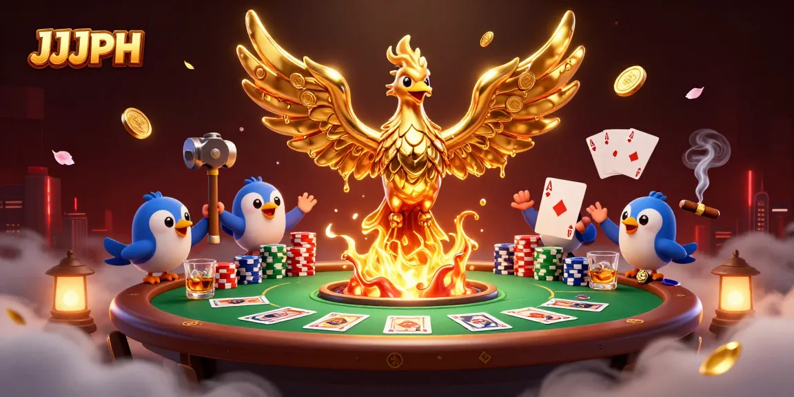 JJJPH showcases a golden phoenix amidst cascading gold coins and a lively poker scene.