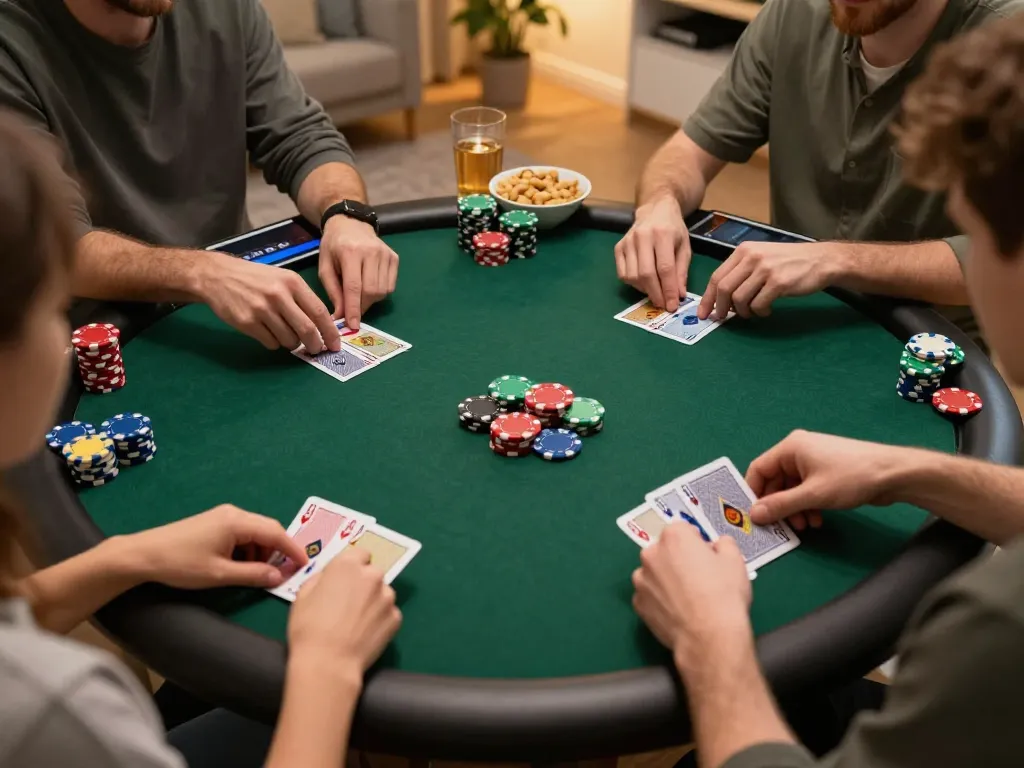Engaging gameplay scene showing players in a game online on a tablet with colorful chips stacked.