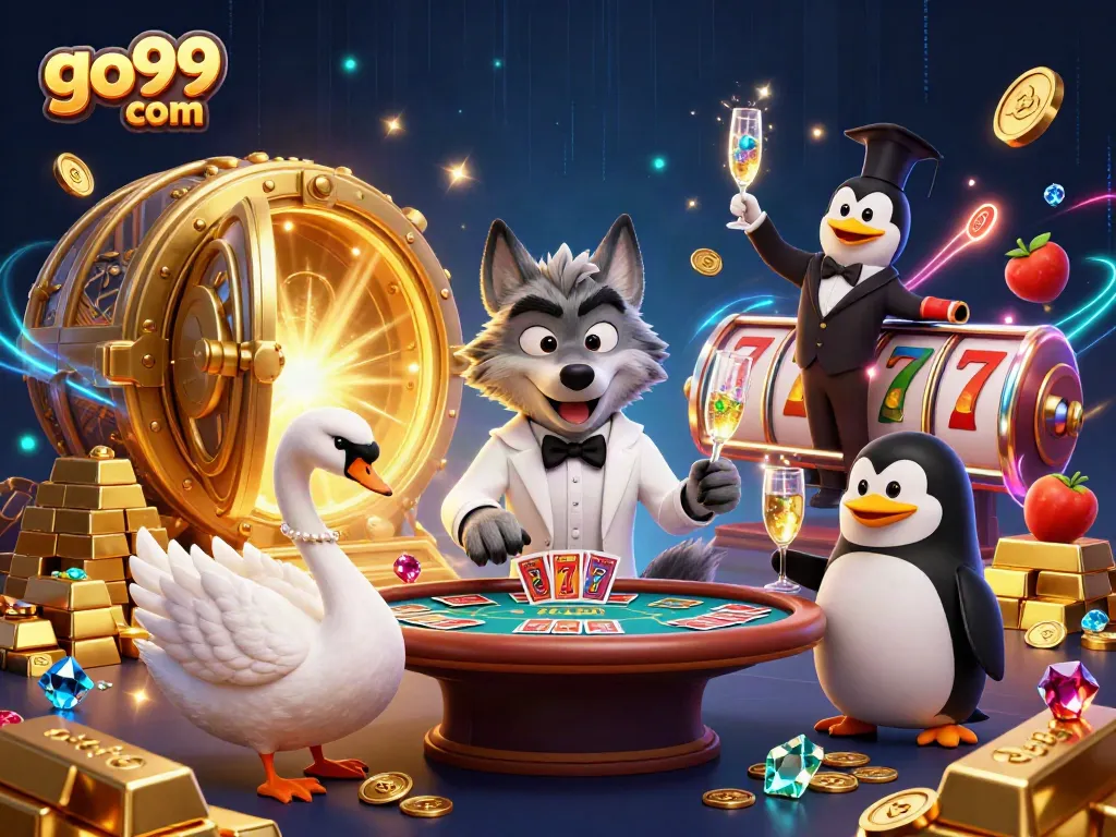 Engage in exciting gameplay at go99 com with animated characters at a baccarat table surrounded by luxury items.