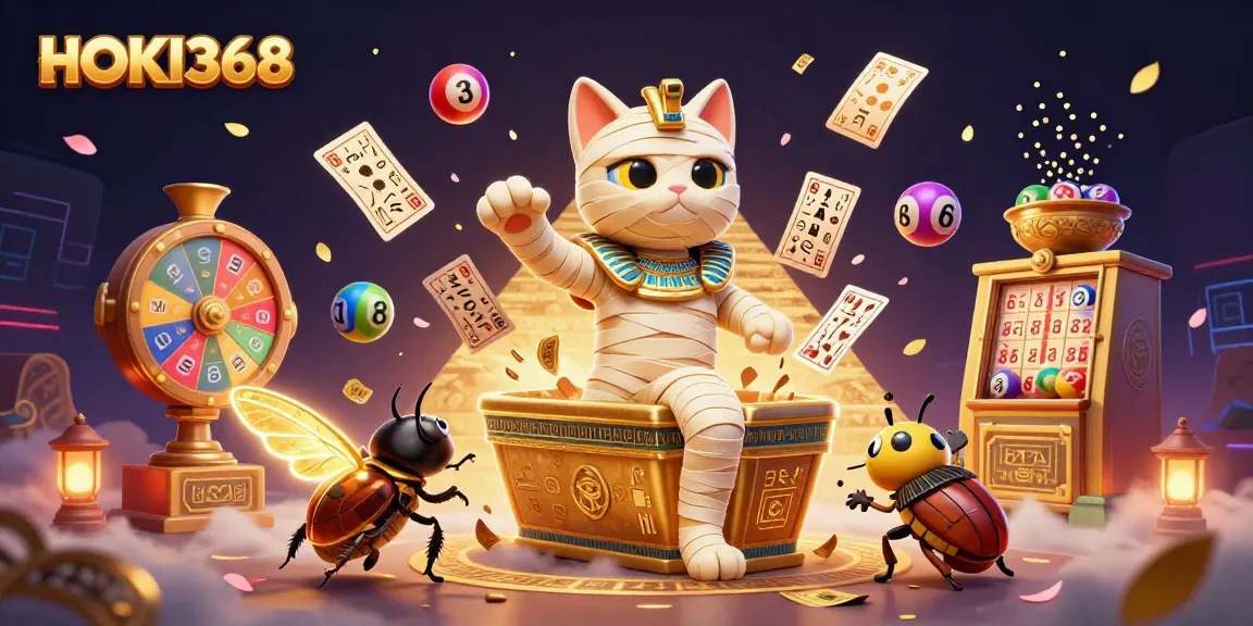 Engage with HOKI368's vibrant gambling action featuring a mummy cat and golden treasures.