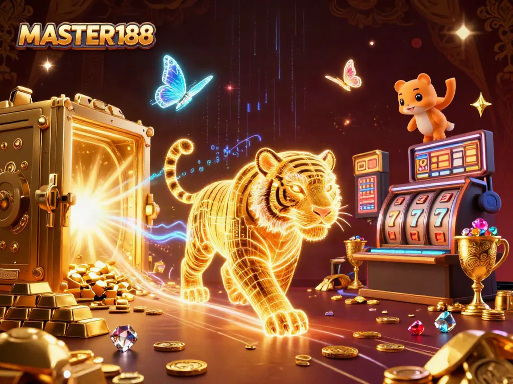 Engaging scene featuring MASTER188 highlighting a neon-wireframe golden tiger in a dynamic casino landscape.
